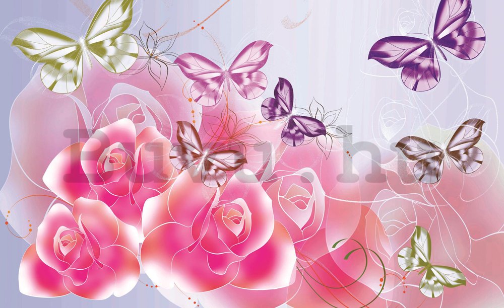 Fotótapéta: Rózsaszín rózsa lepkékkel - 184x254 cm