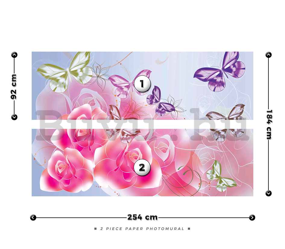 Fotótapéta: Rózsaszín rózsa lepkékkel - 184x254 cm