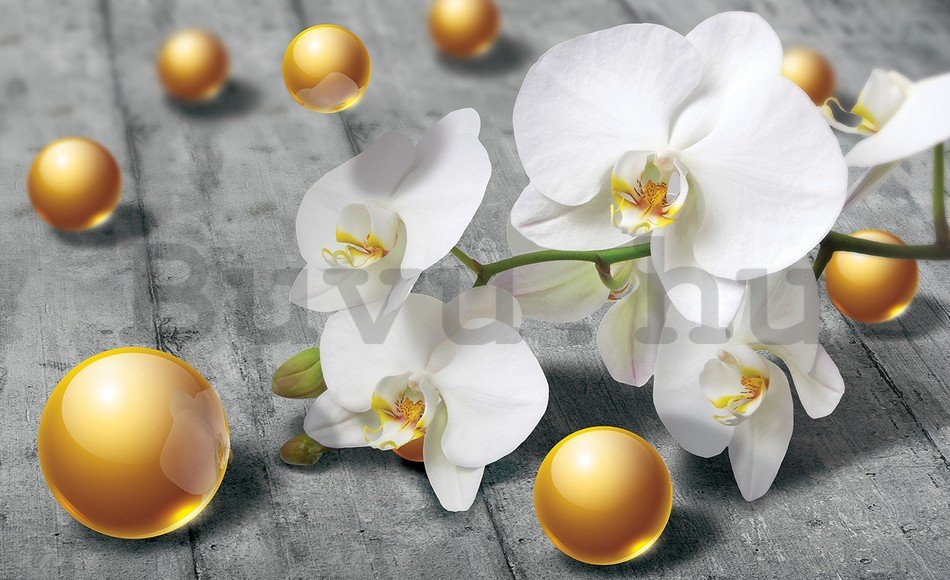 Fotótapéta: Orchidea és sárga golyók - 254x368 cm