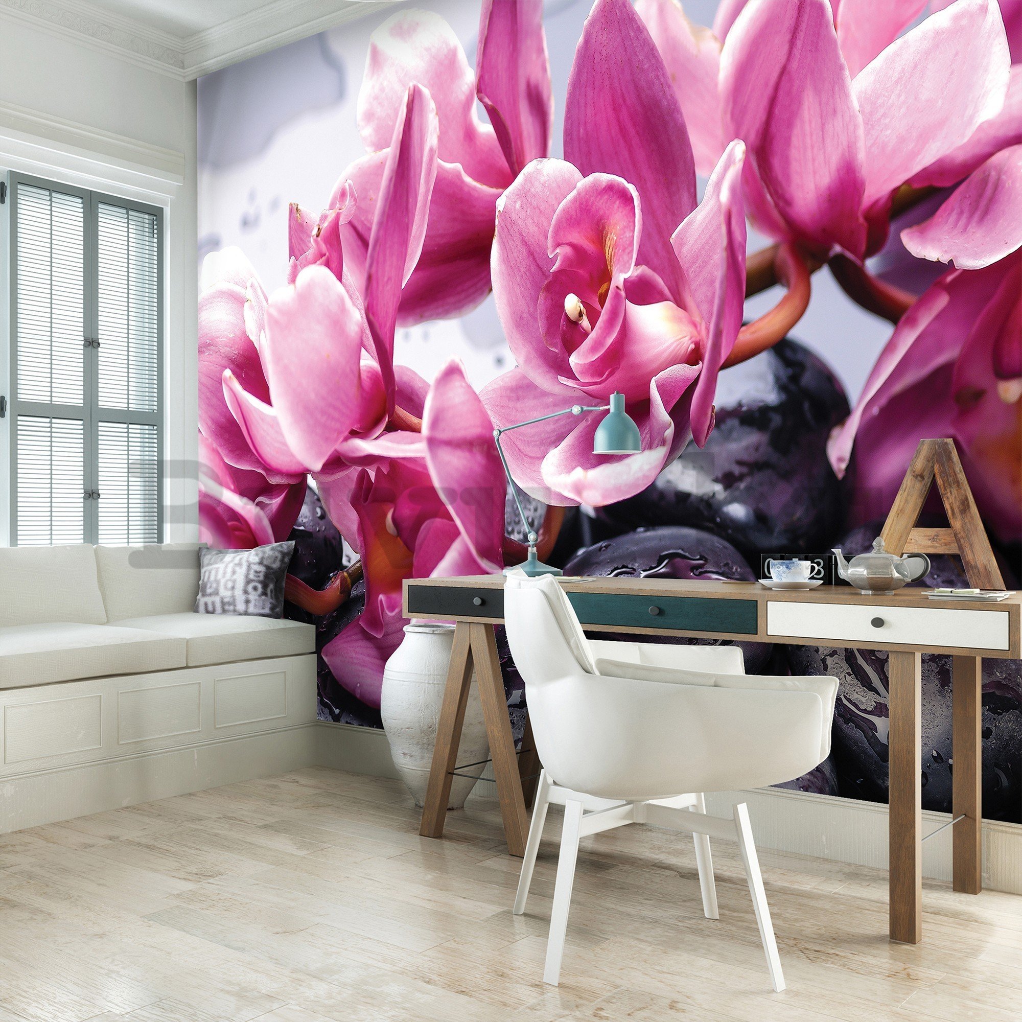 Vlies fotótapéta: Spa kövek és rózsaszín orchideák - 416x254 cm