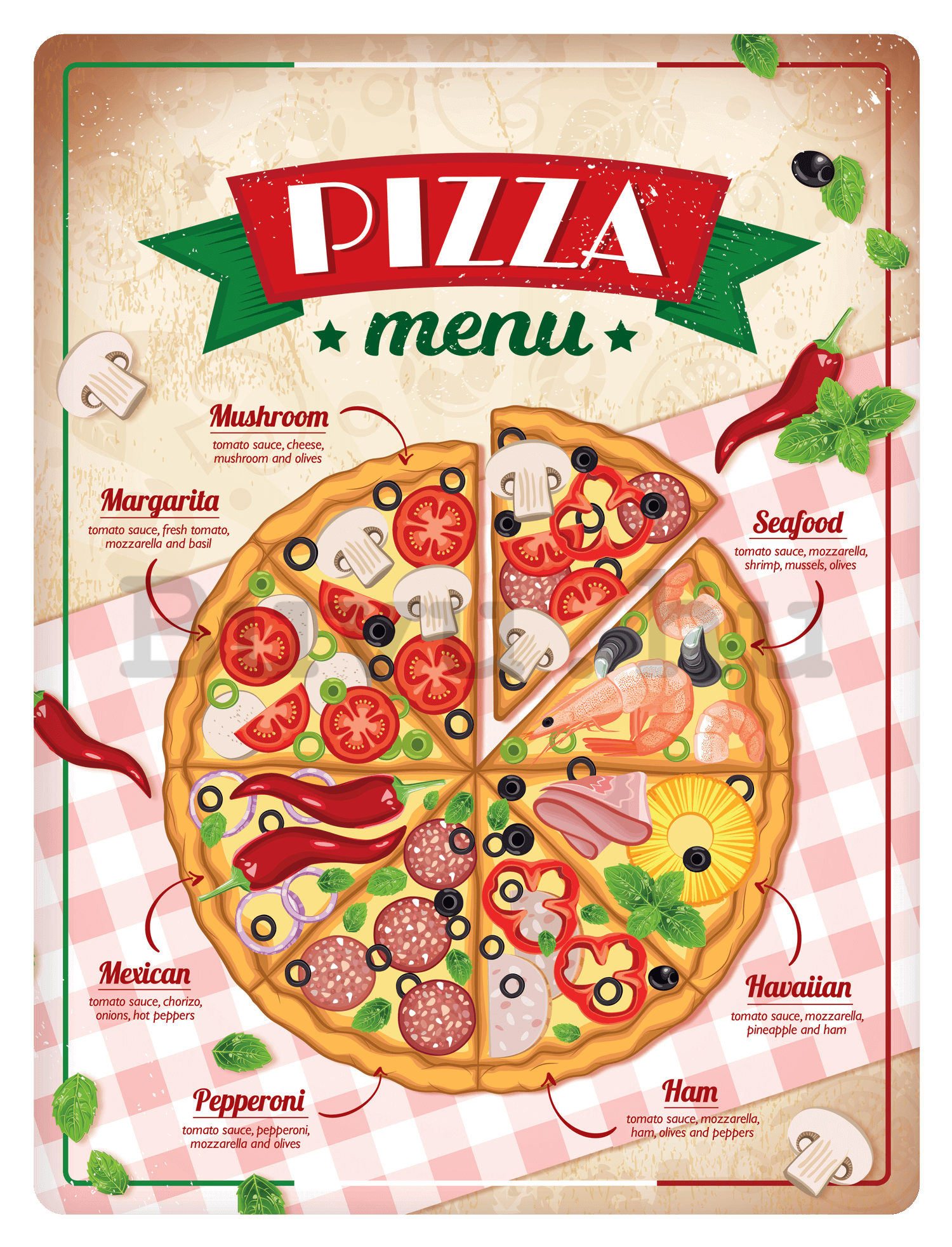 Fémtáblák: Pizza menu - 30x40 cm