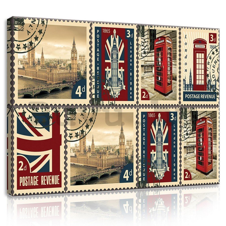 Vászonkép: Nagy Britannia postabélyegek - 75x100 cm