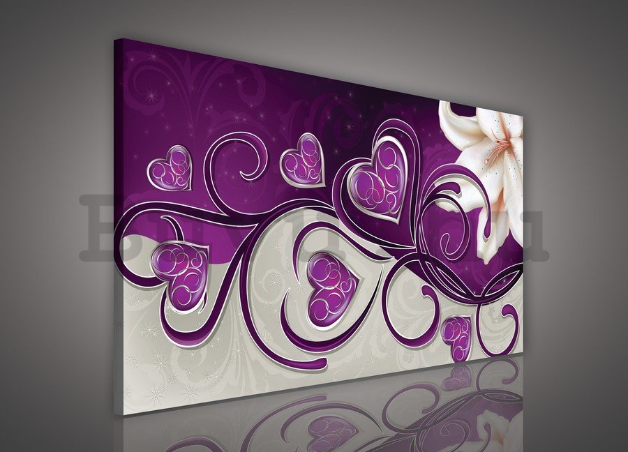 Vászonkép: Szívecskék és liliom (lila) - 75x100 cm