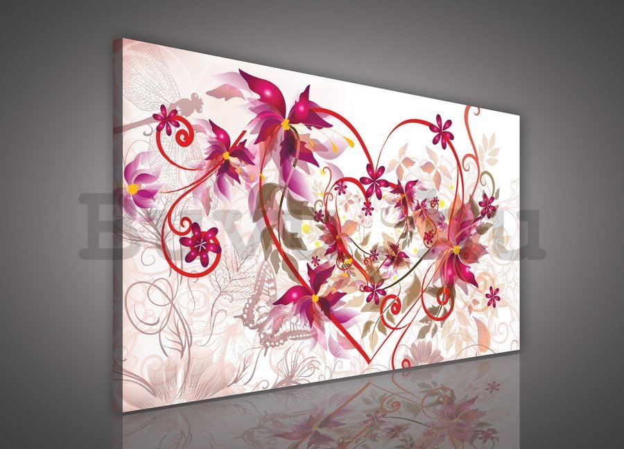 Vászonkép: Szívek és absztrakt virágok - 75x100 cm