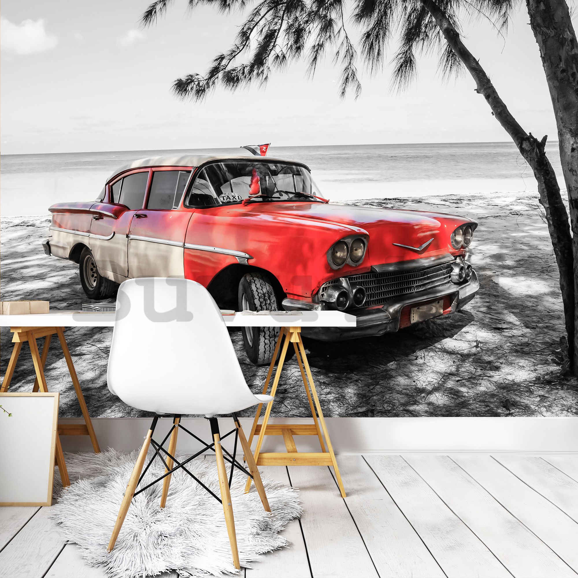 Vlies fotótapéta: Kuba piros autó a tenger mellett - 254x368 cm
