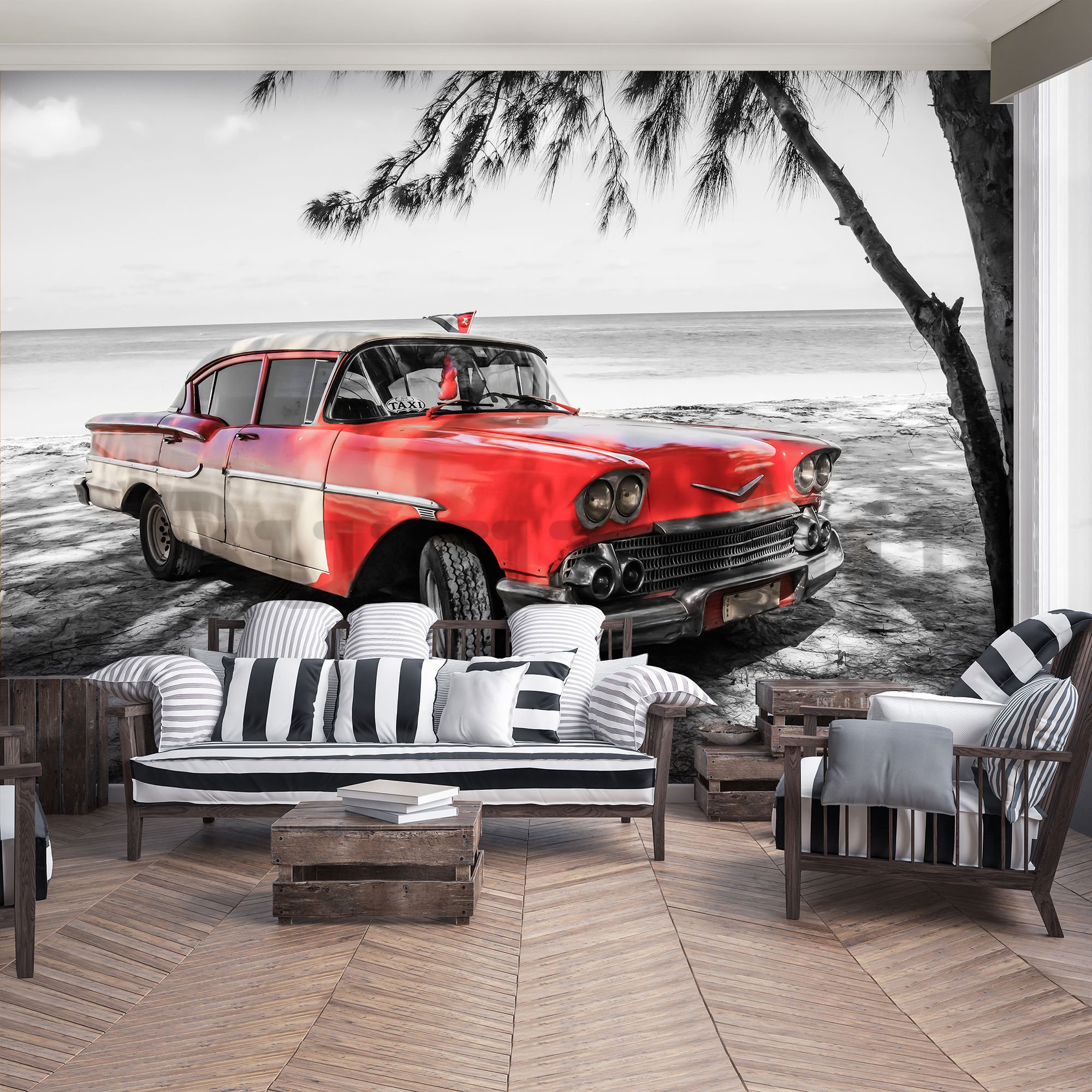 Vlies fotótapéta: Kuba piros autó a tenger mellett - 254x368 cm