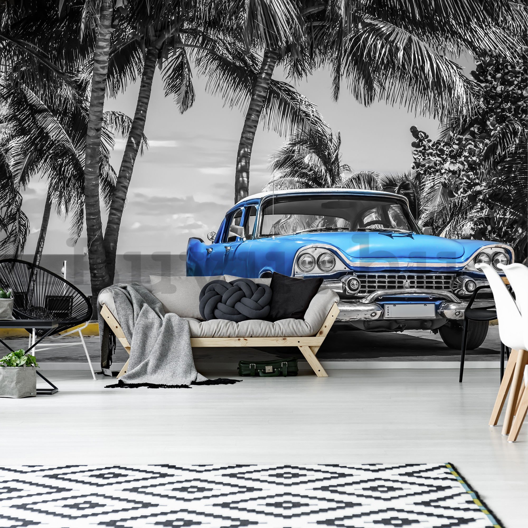 Vlies fotótapéta: Kuba kék autó a tenger mellett - 254x368 cm