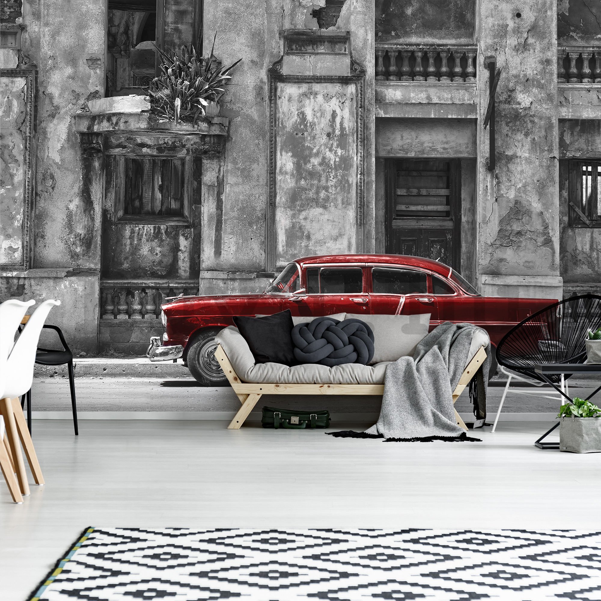 Fotótapéta: Kubai utcai piros autó - 104x152,5 cm
