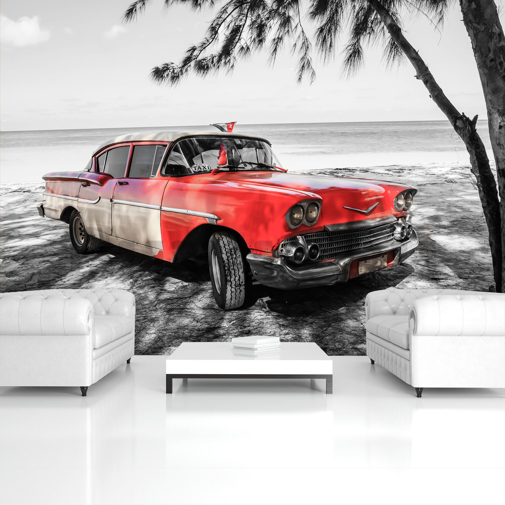 Fotótapéta: Kuba piros autó a tenger mellett - 254x368 cm