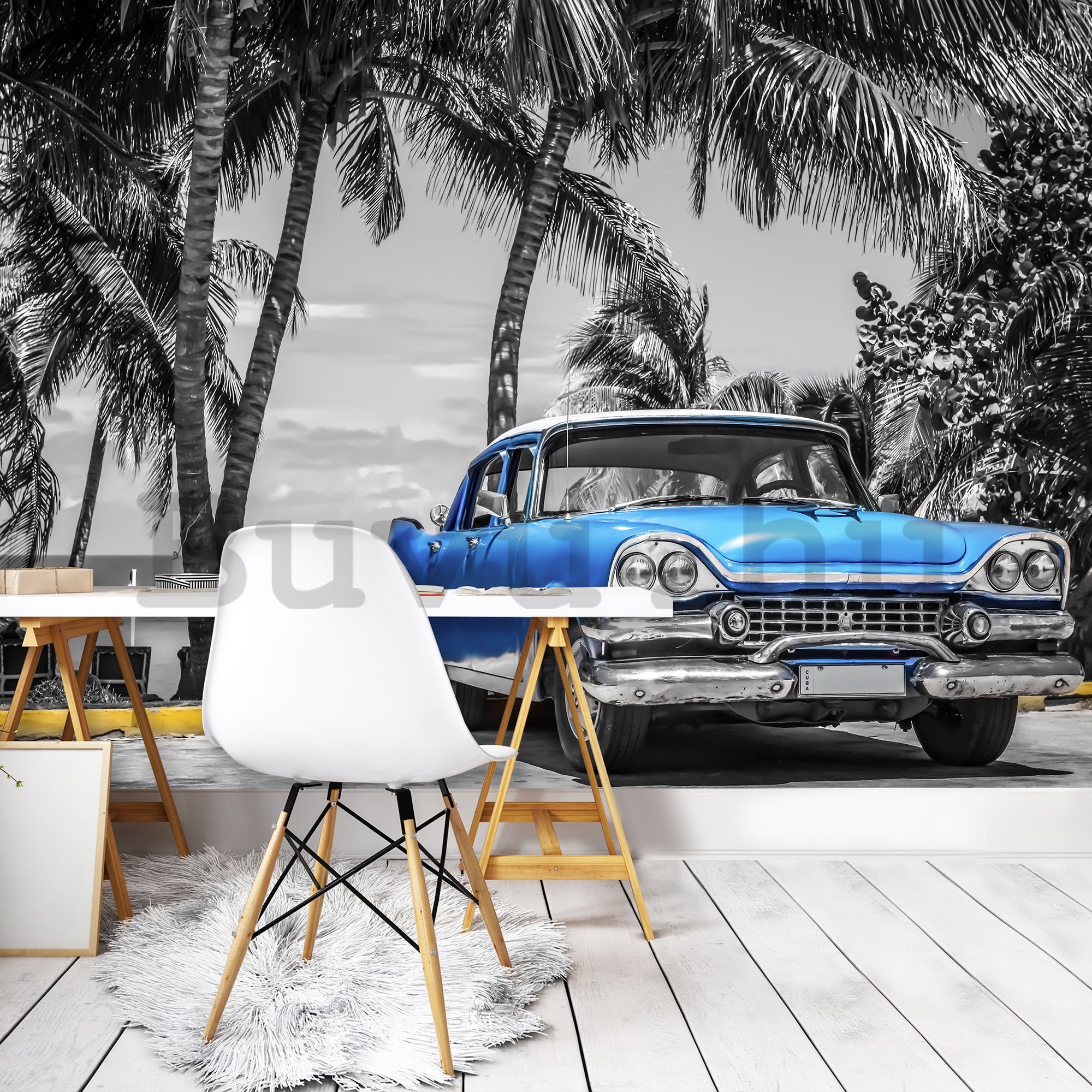 Fotótapéta: Kuba kék autó a tenger mellett - 254x368 cm