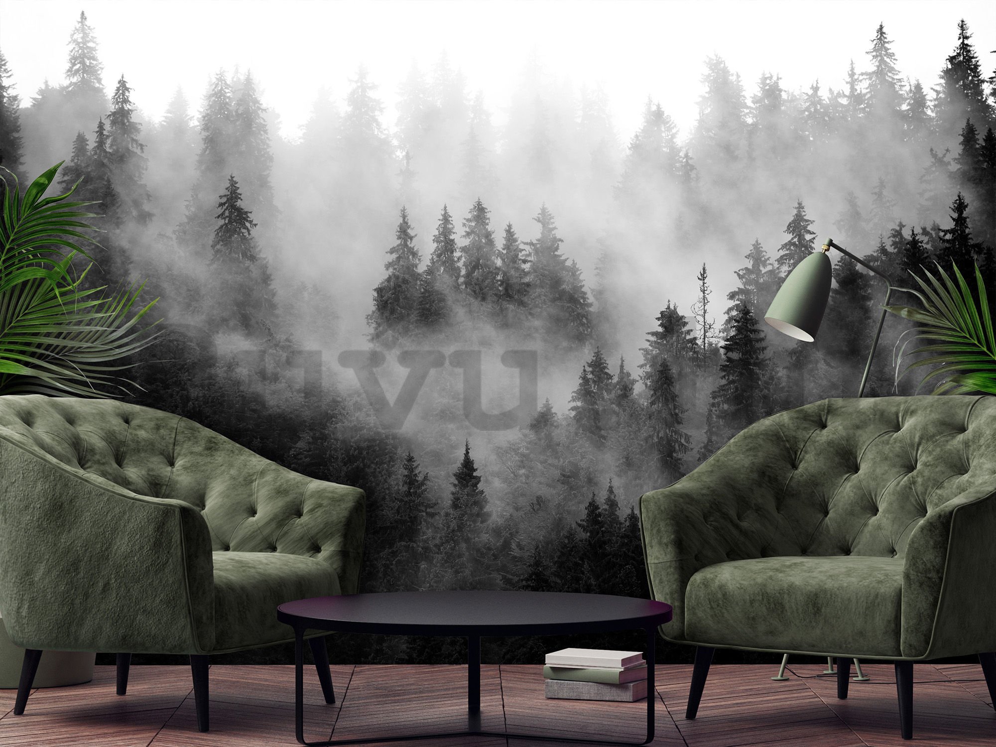 Vlies fotótapéta: Köd erdő felett (fekete-fehér) - 416x254 cm