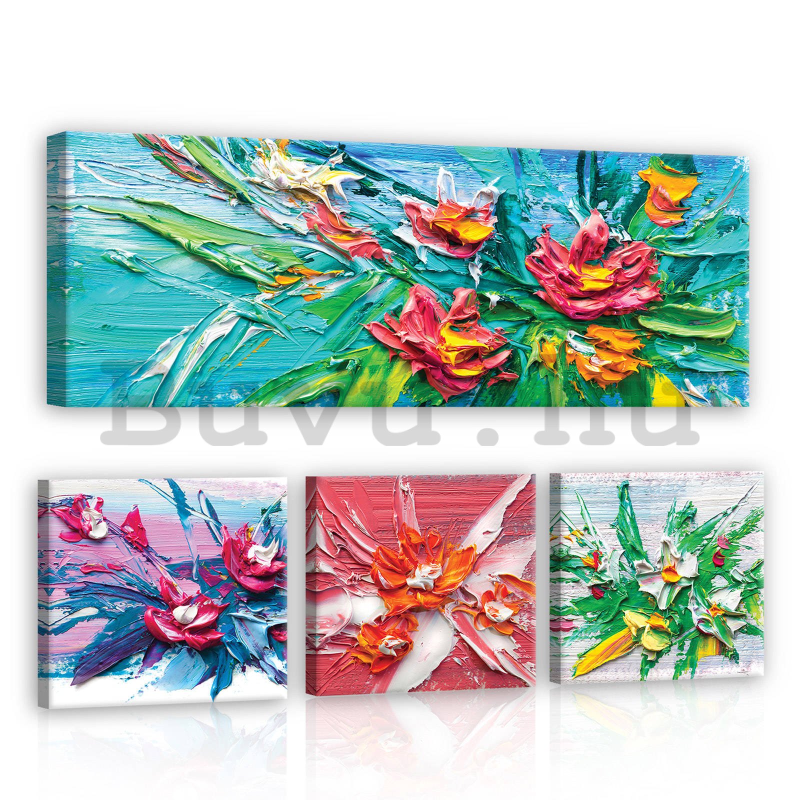Vászonkép: Festett virágok - készlet 1 db 80x30 cm és 3 db 25,8x24,8 cm