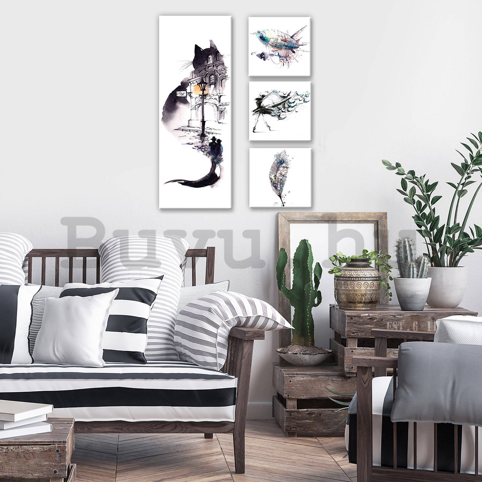 Vászonkép: Fekete-fehér macska - készlet 1 db 80x30 cm és 3 db 25,8x24,8 cm