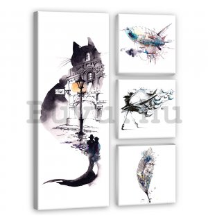 Vászonkép: Fekete-fehér macska - készlet 1 db 80x30 cm és 3 db 25,8x24,8 cm