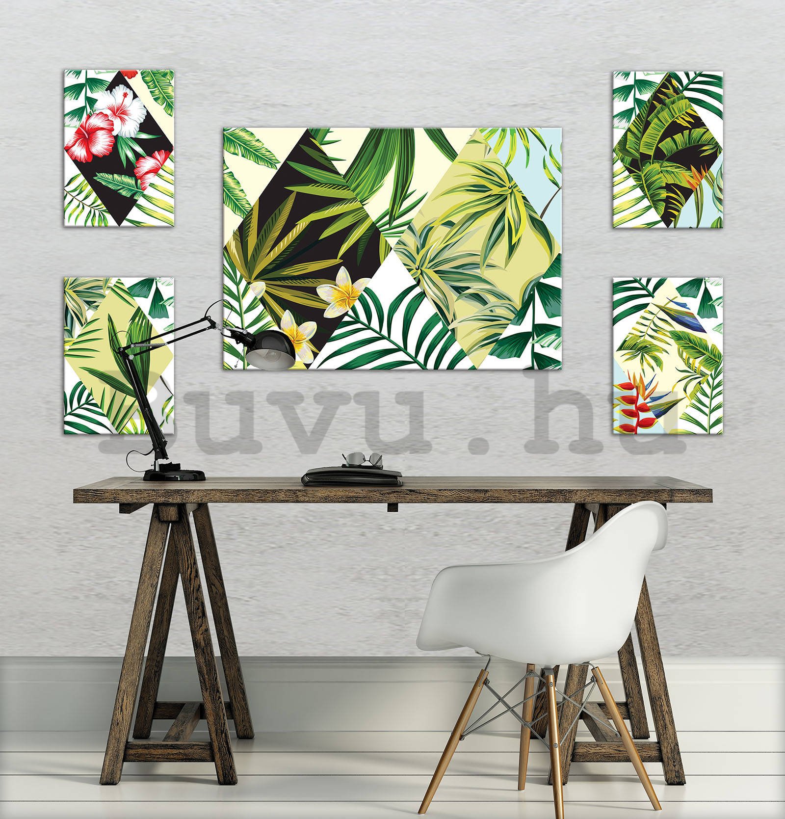 Vászonkép: Festett trópusi növényvilág (3) - készlet 1 db 70x50 cm és 4 db 32,4x22,8 cm