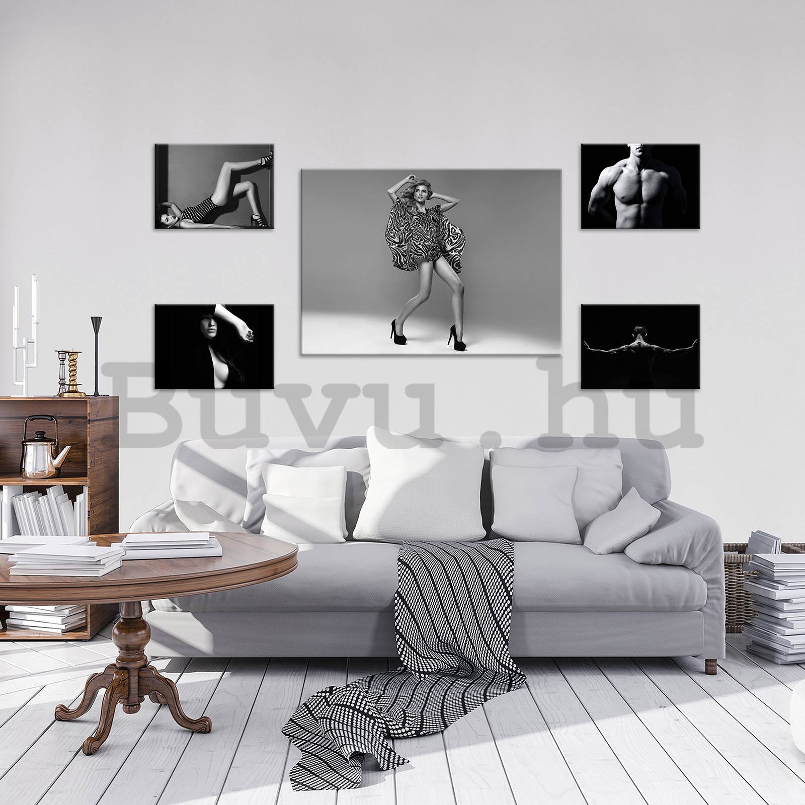 Vászonkép: Fekete-fehér pózok (1) - készlet 1 db 70x50 cm és 4 db 32,4x22,8 cm
