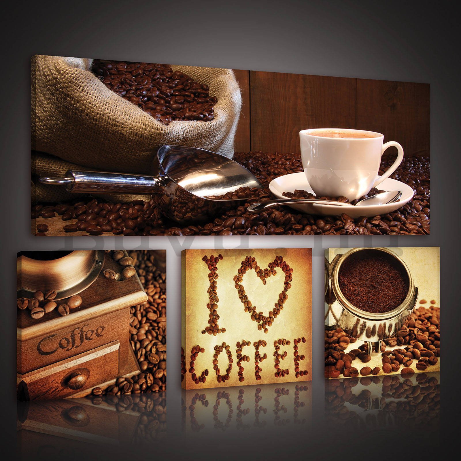 Vászonkép: Kávé  - készlet 1 db 80x30 cm és 3 db 25,8x24,8 cm