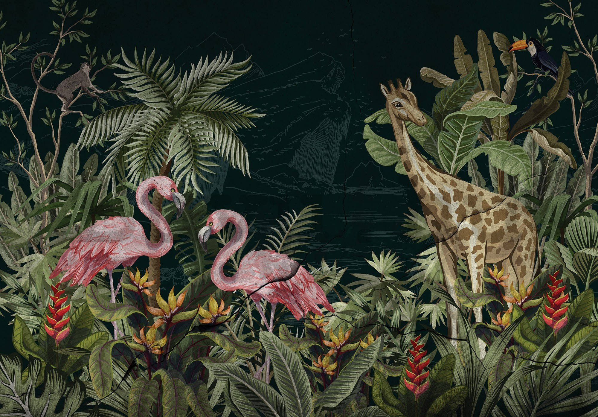 Vlies fotótapéta: Flamingók és zsiráfok - 254x184 cm