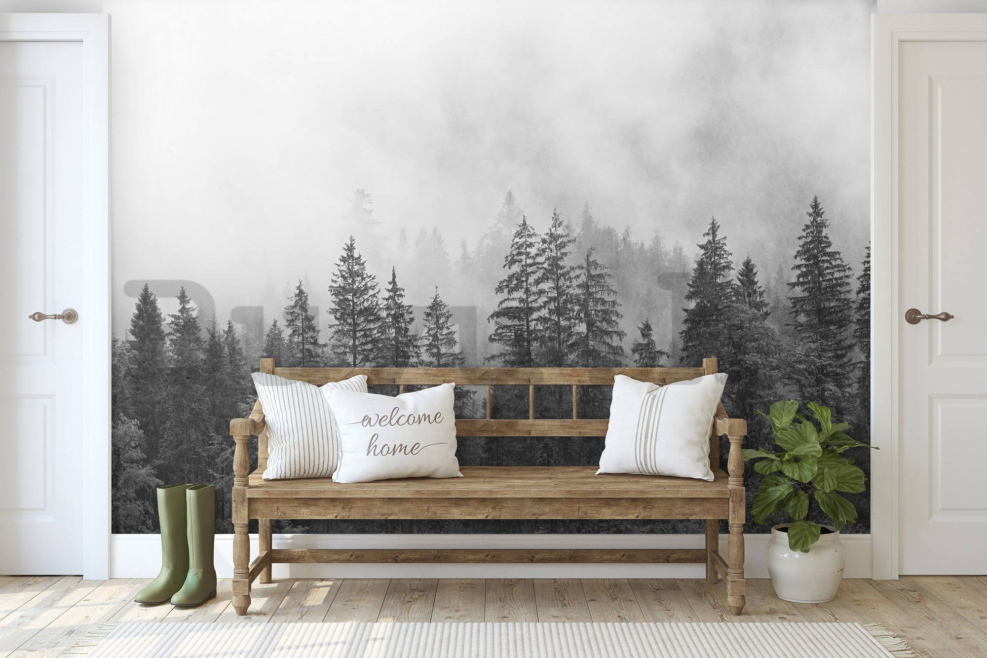 Vlies fotótapéta: Köd a fekete-fehér erdő felett - 254x184 cm