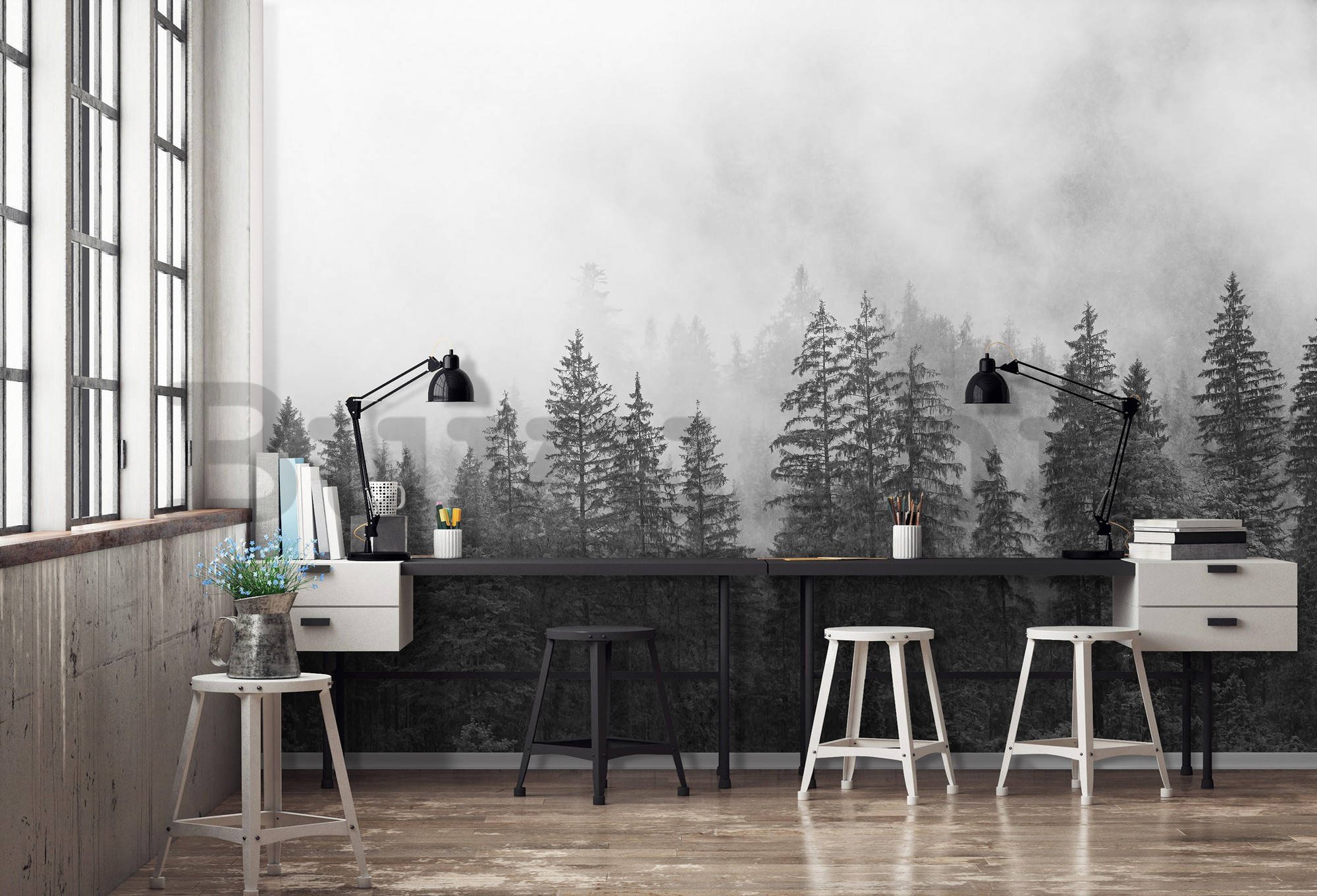 Vlies fotótapéta: Köd a fekete-fehér erdő felett - 416x254 cm