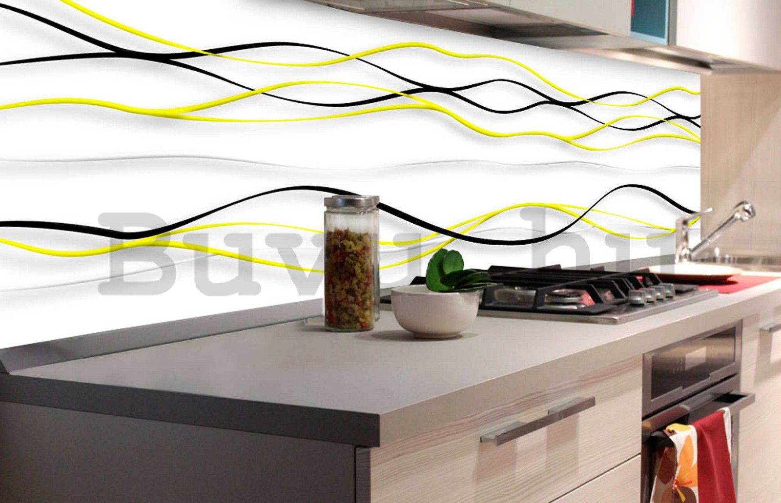 Öntapadós mosható tapéta konyhába - Fekete és sárga hullámok, 180x60 cm