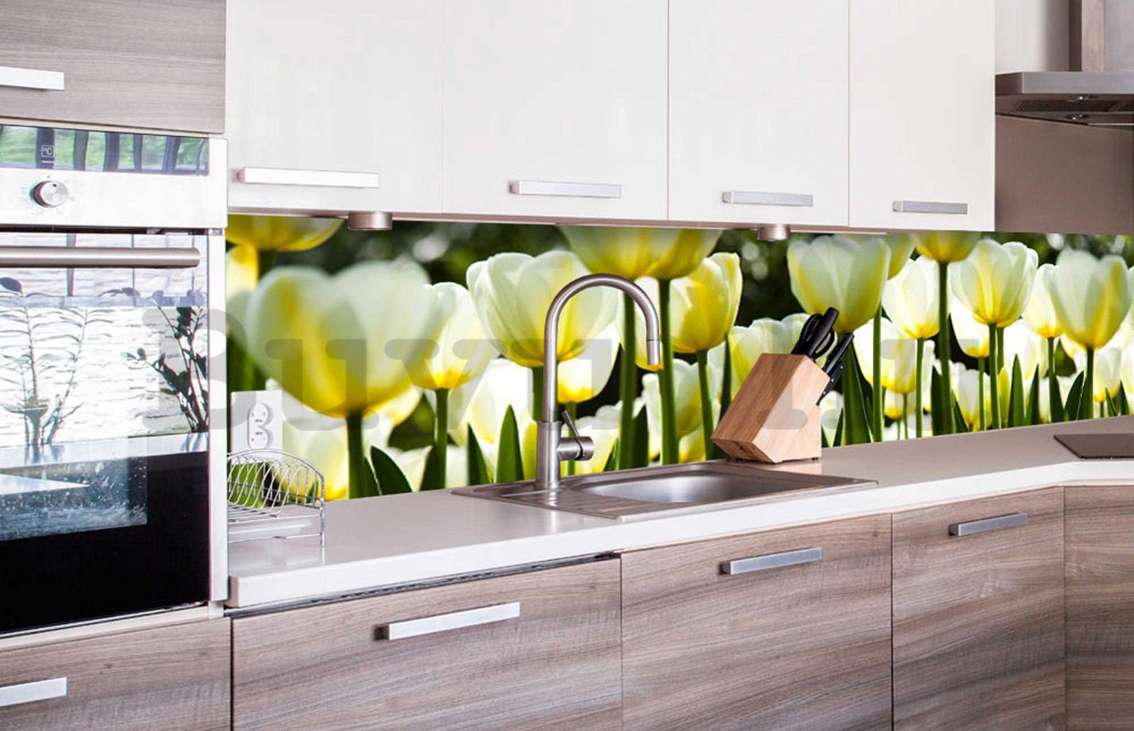 Öntapadós mosható fotófotótapéta konyhába - Fehér tulipánok, 260x60 cm