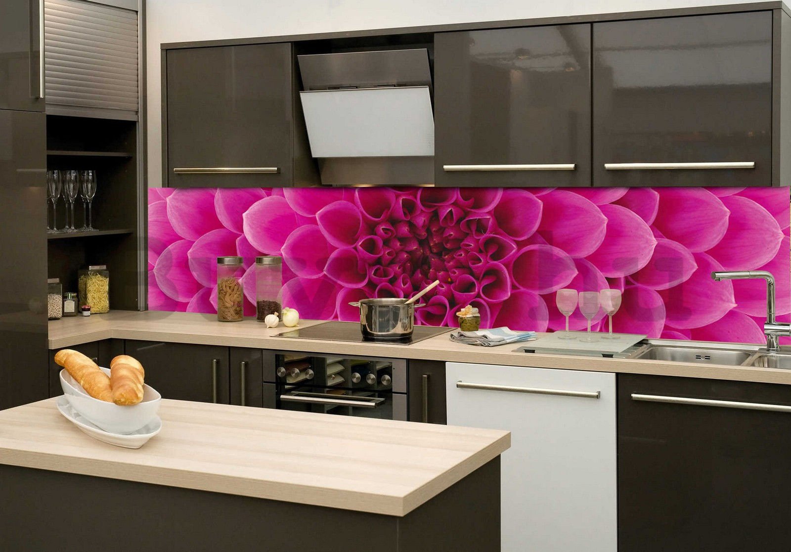 Öntapadós mosható fotótapéta konyhába - Rózsaszín Dália, 260x60 cm