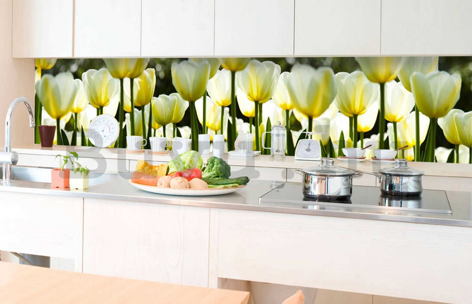 Öntapadós mosható fotófotótapéta konyhába - Fehér tulipánok, 350x60 cm