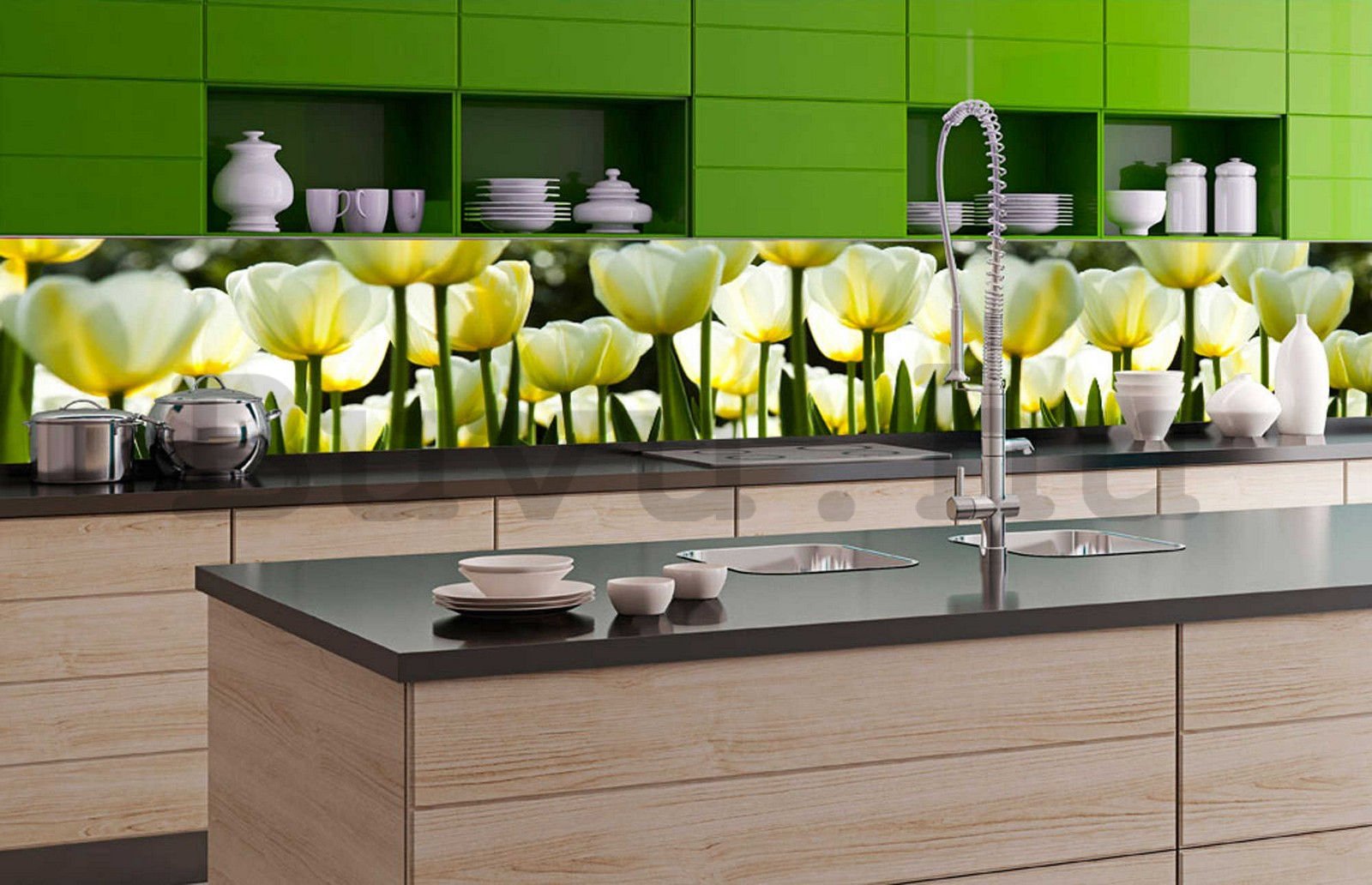 Öntapadós mosható fotófotótapéta konyhába - Fehér tulipánok, 350x60 cm
