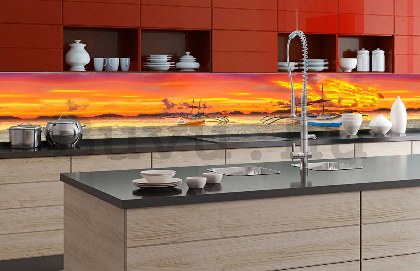 Öntapadós mosható fotófotótapéta konyhába - Hajók és naplemente, 350x60 cm