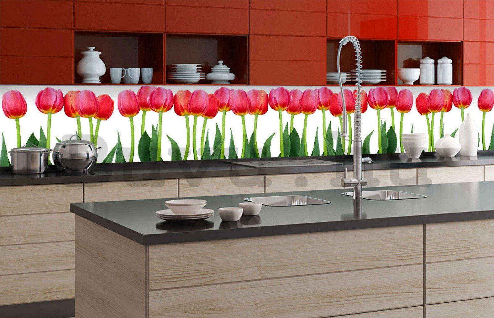 Öntapadós mosható tapéta konyhába - Piros tulipánok, 350x60 cm