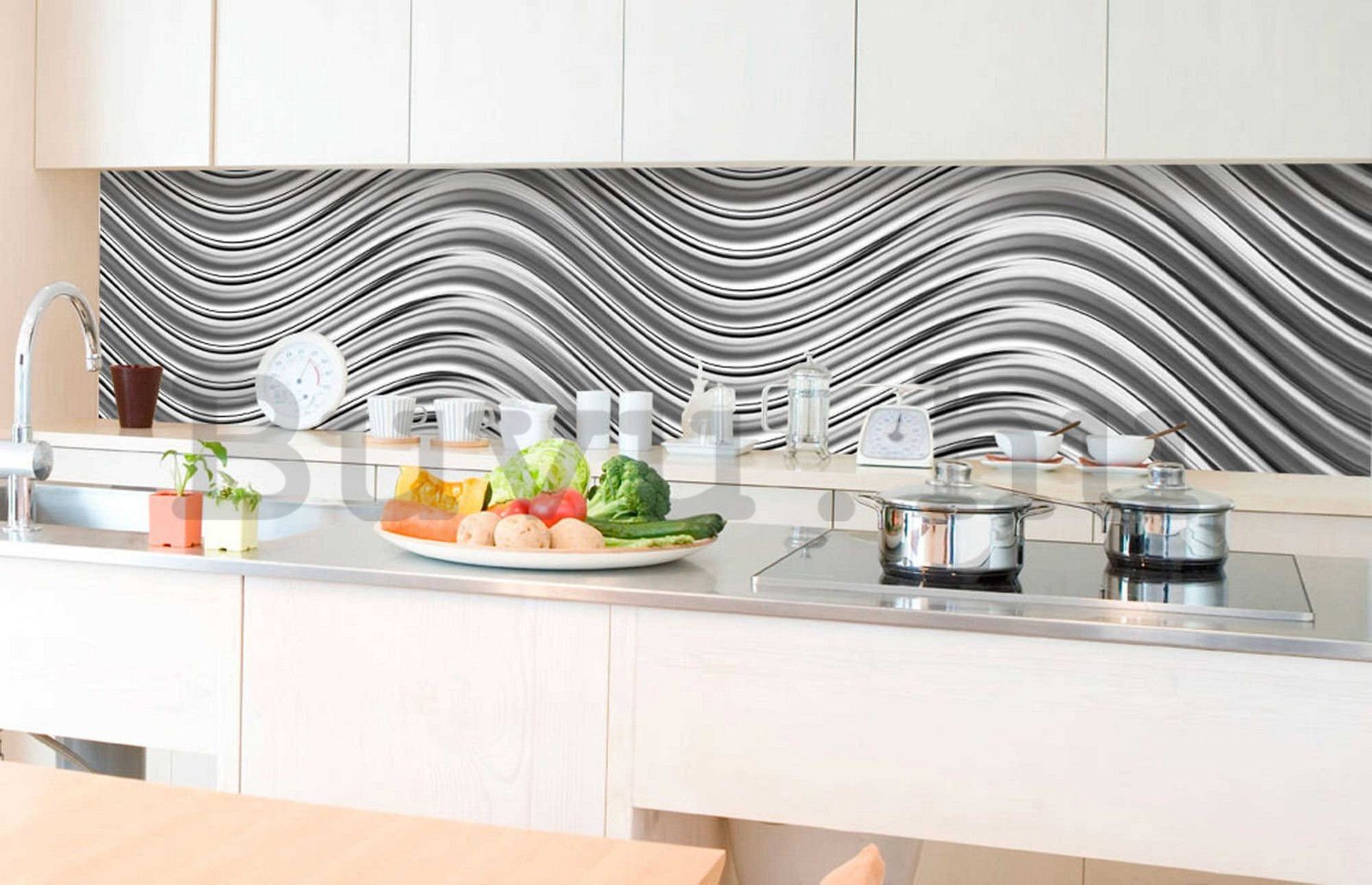 Öntapadós mosható tapéta konyhába - Ezüst hullámok, 350x60 cm