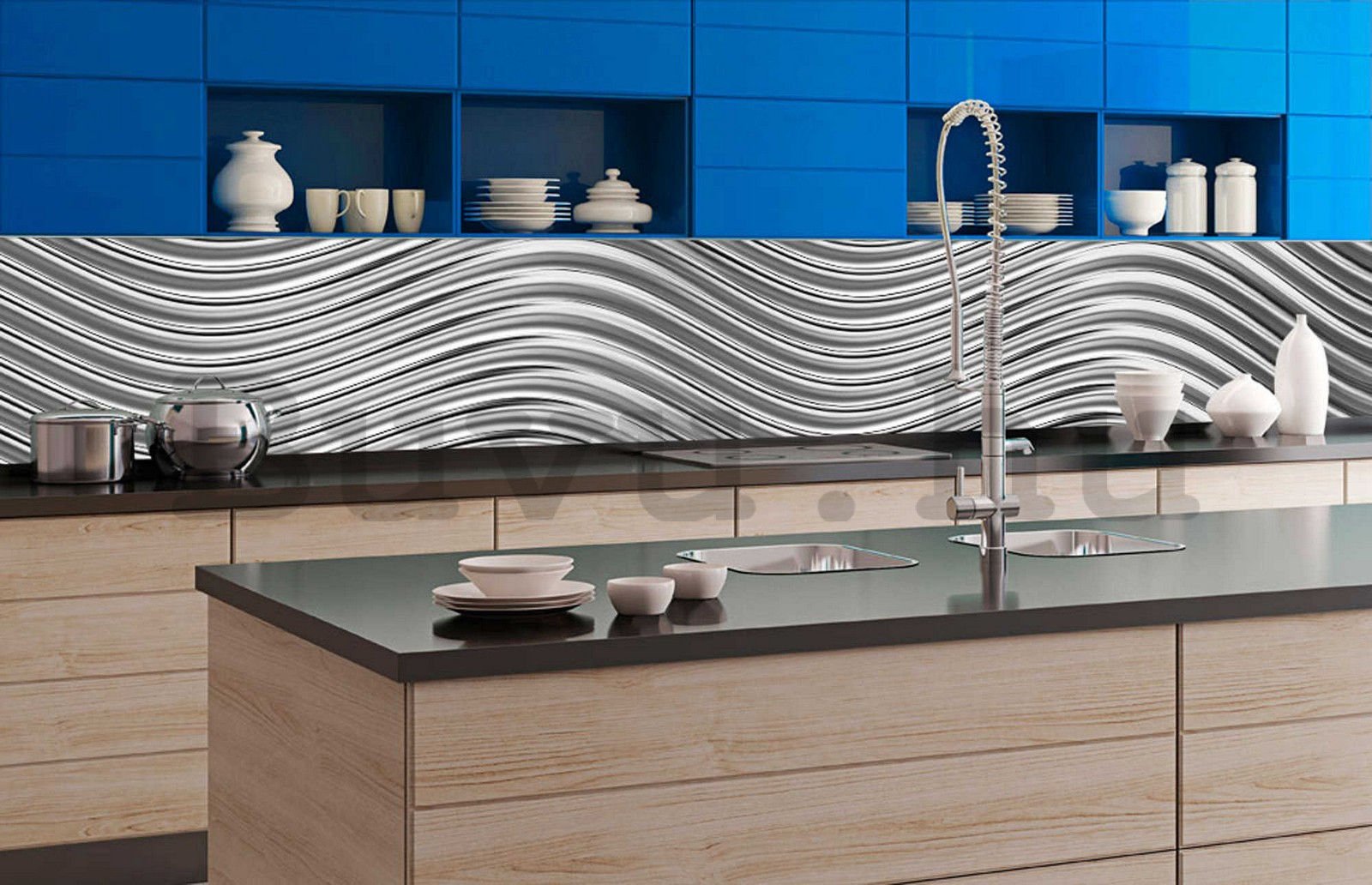 Öntapadós mosható tapéta konyhába - Ezüst hullámok, 350x60 cm