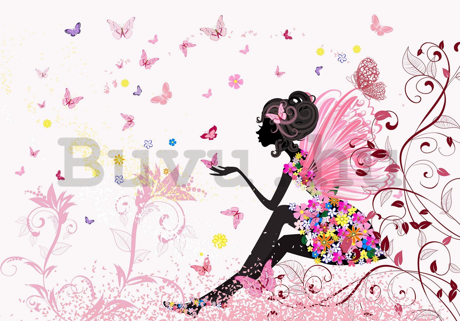 Vlies fotótapéta: Lány virágokkal és pillangókkal - 254x184 cm