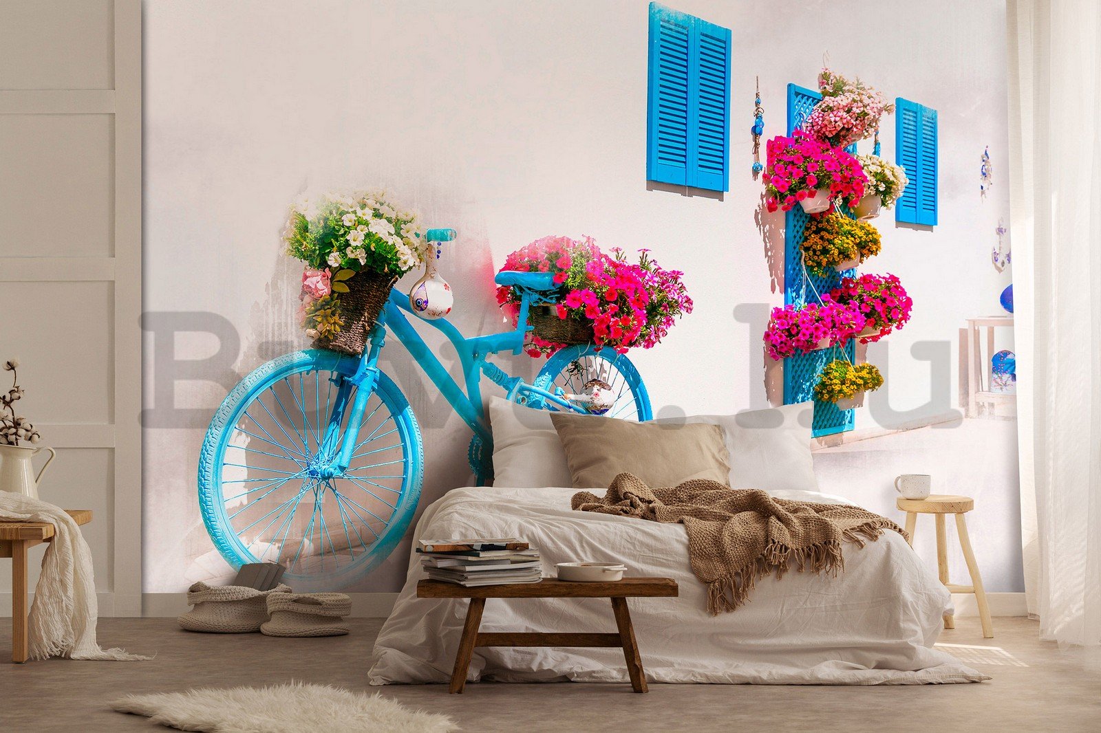 Vlies fotótapéta: Görög kerékpár és virágok - 254x184 cm