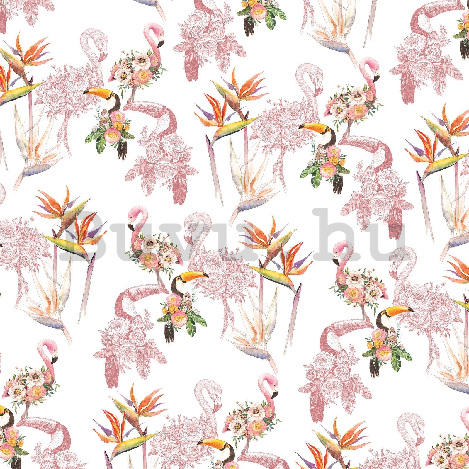 Vlies fotótapéta: Flamingók és tukánok - 368x254 cm