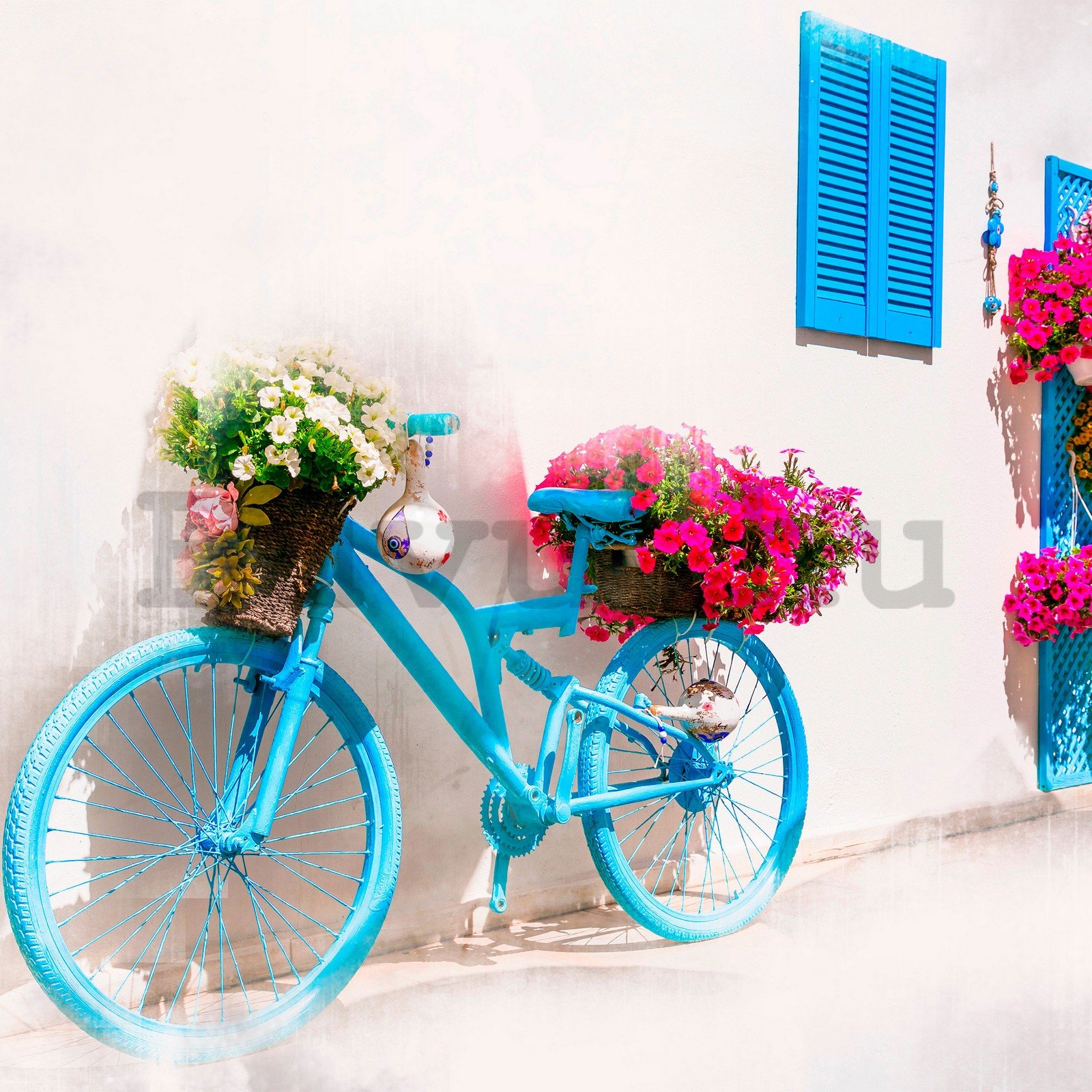 Vlies fotótapéta: Görög kerékpár és virágok - 368x254 cm