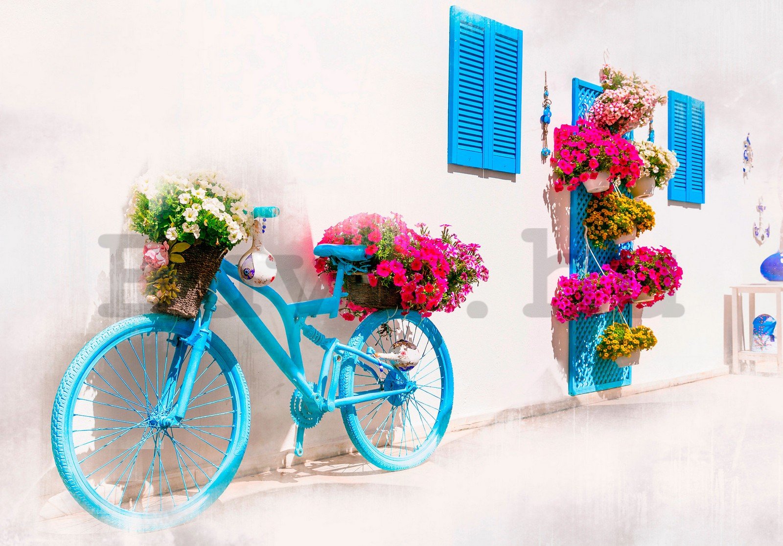 Vlies fotótapéta: Görög kerékpár és virágok - 152,5x104 cm