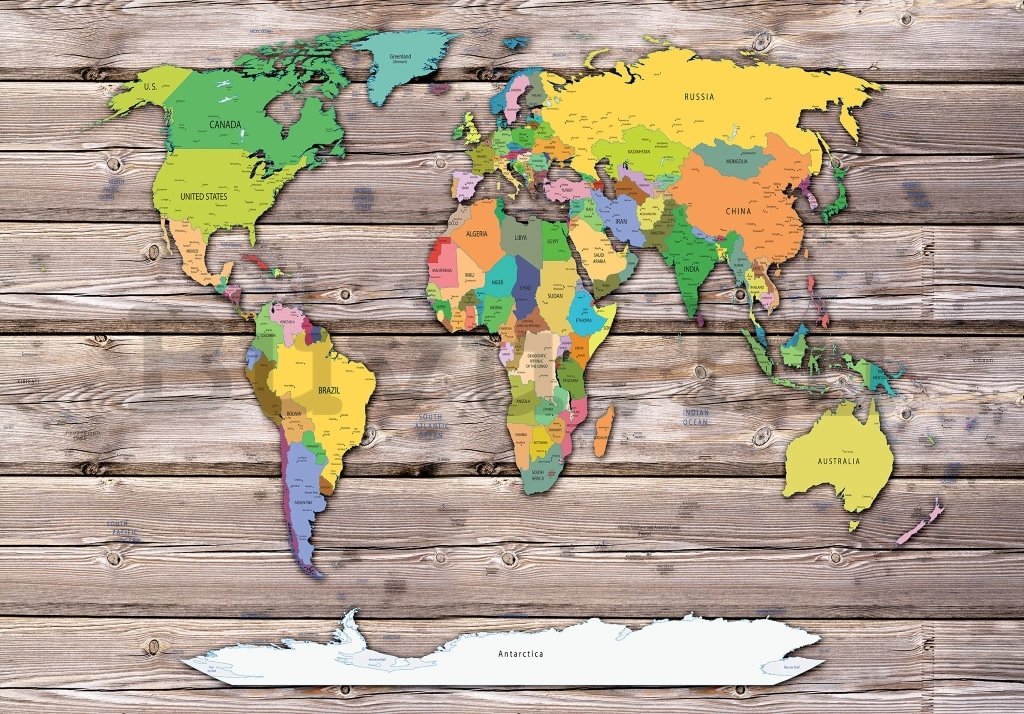 Vlies fotótapéta: Színes világtérkép fán - 368x280 cm