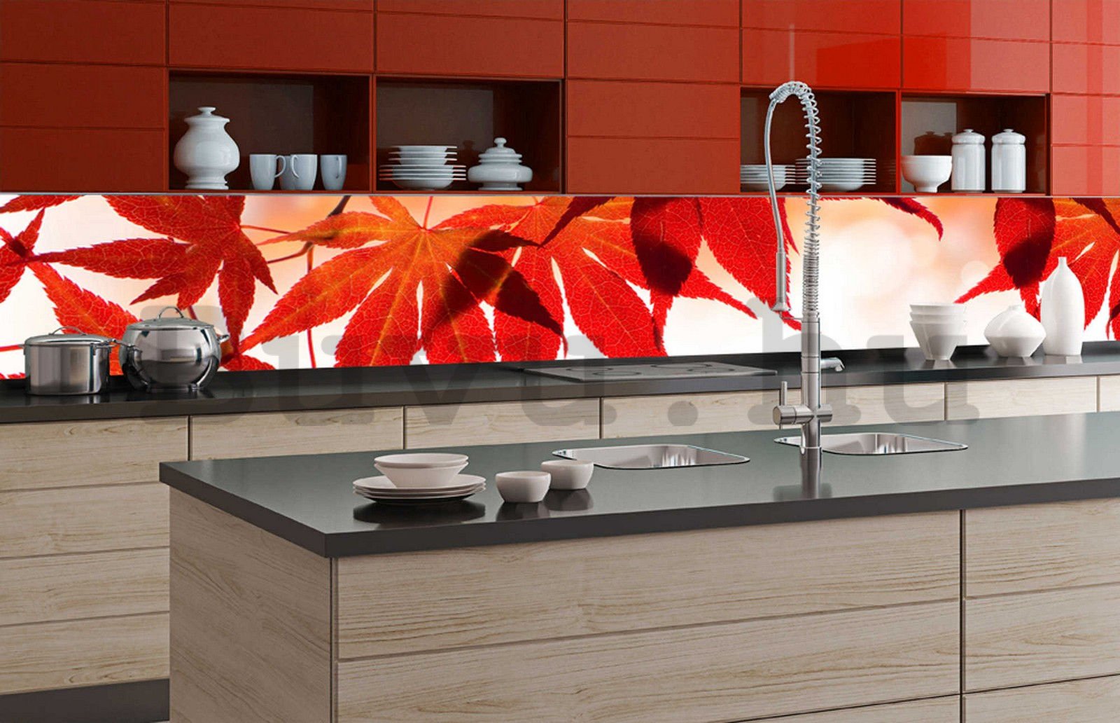 Öntapadós mosható fotófotótapéta konyhába - Vörös levelek, 350x60 cm