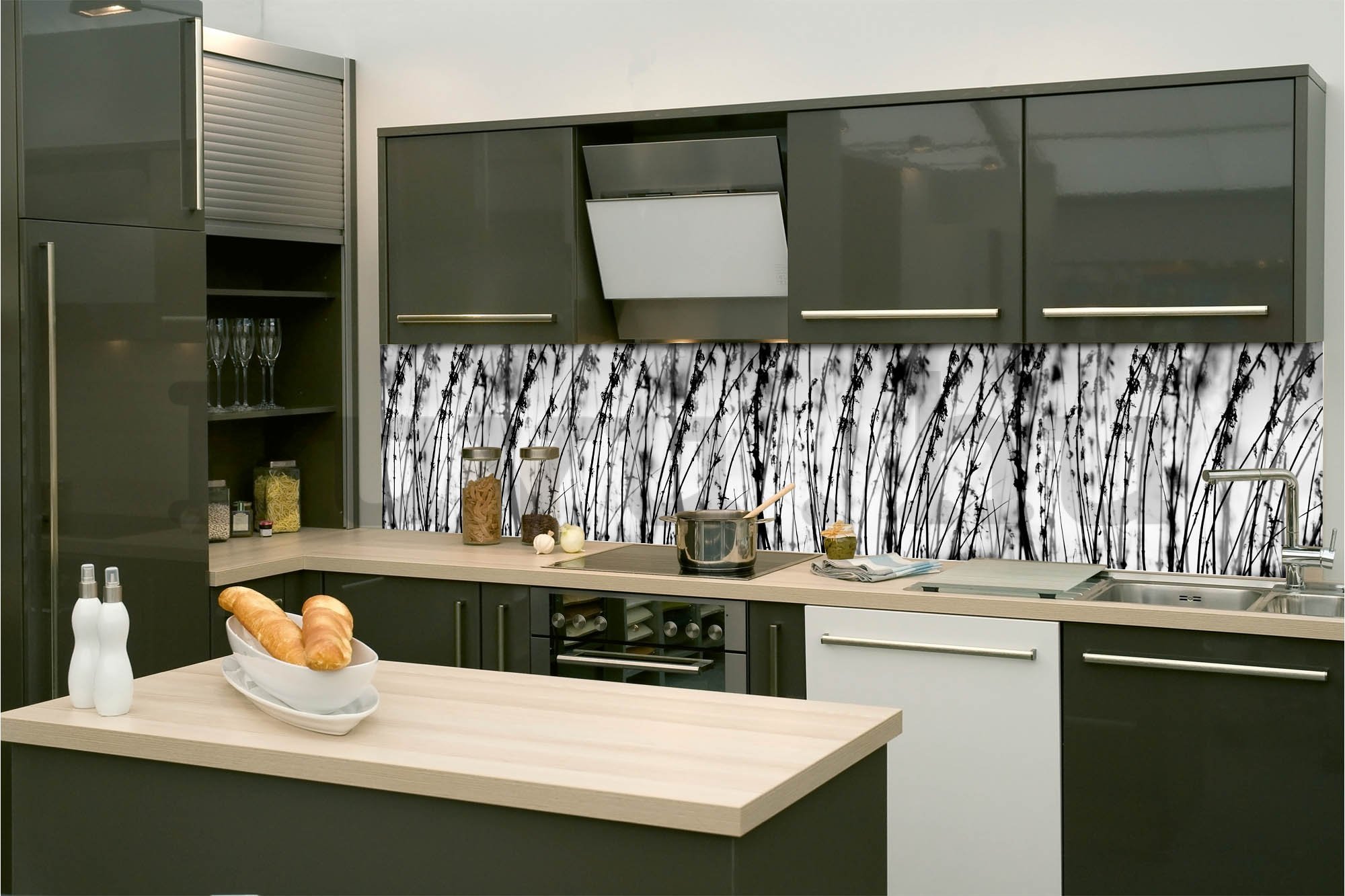 Öntapadós mosható tapéta konyhába - Fekete-fehér fű, 260x60 cm
