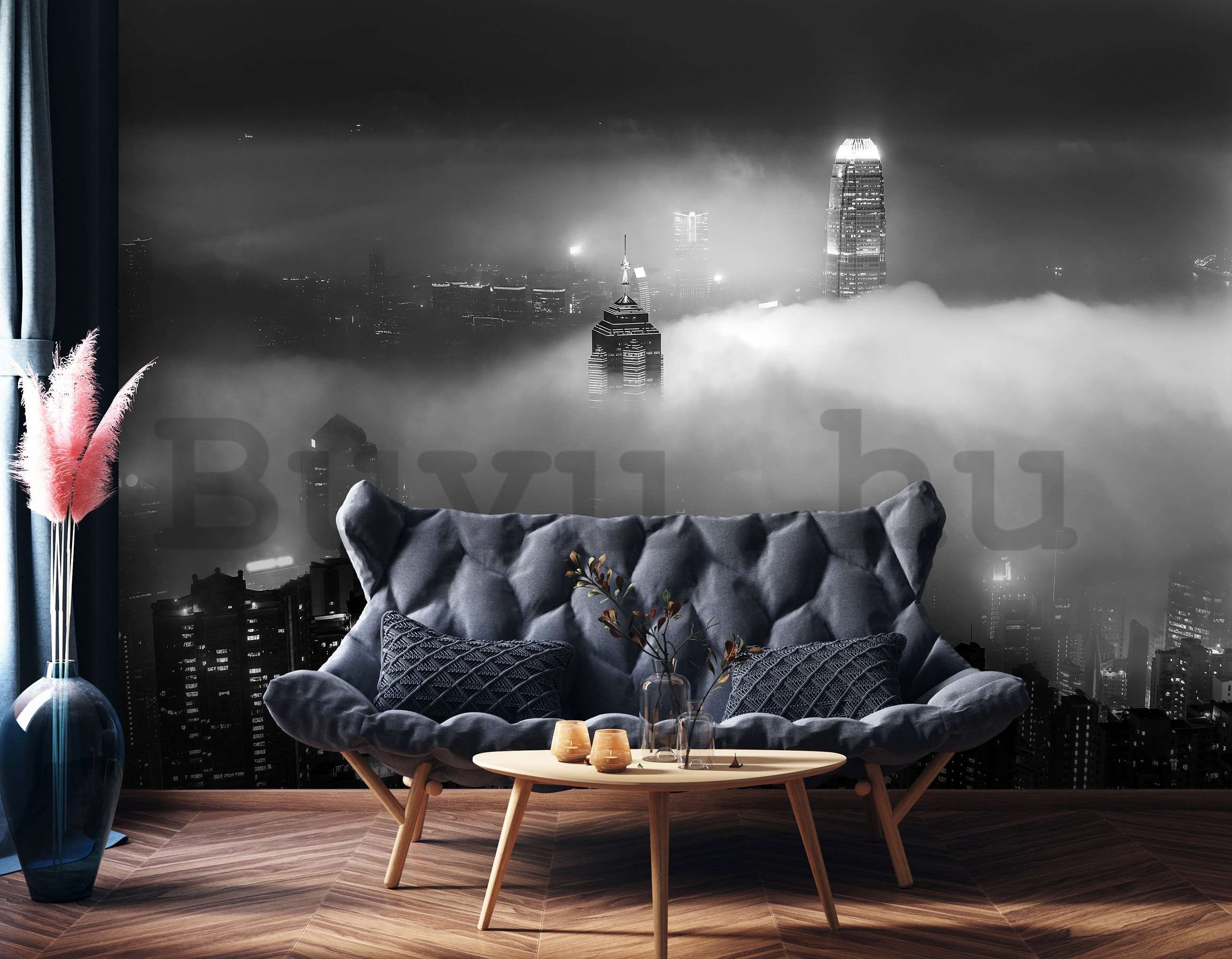 Vlies fotótapéta: Éjszakai város ködben (fekete-fehér) - 254x184 cm