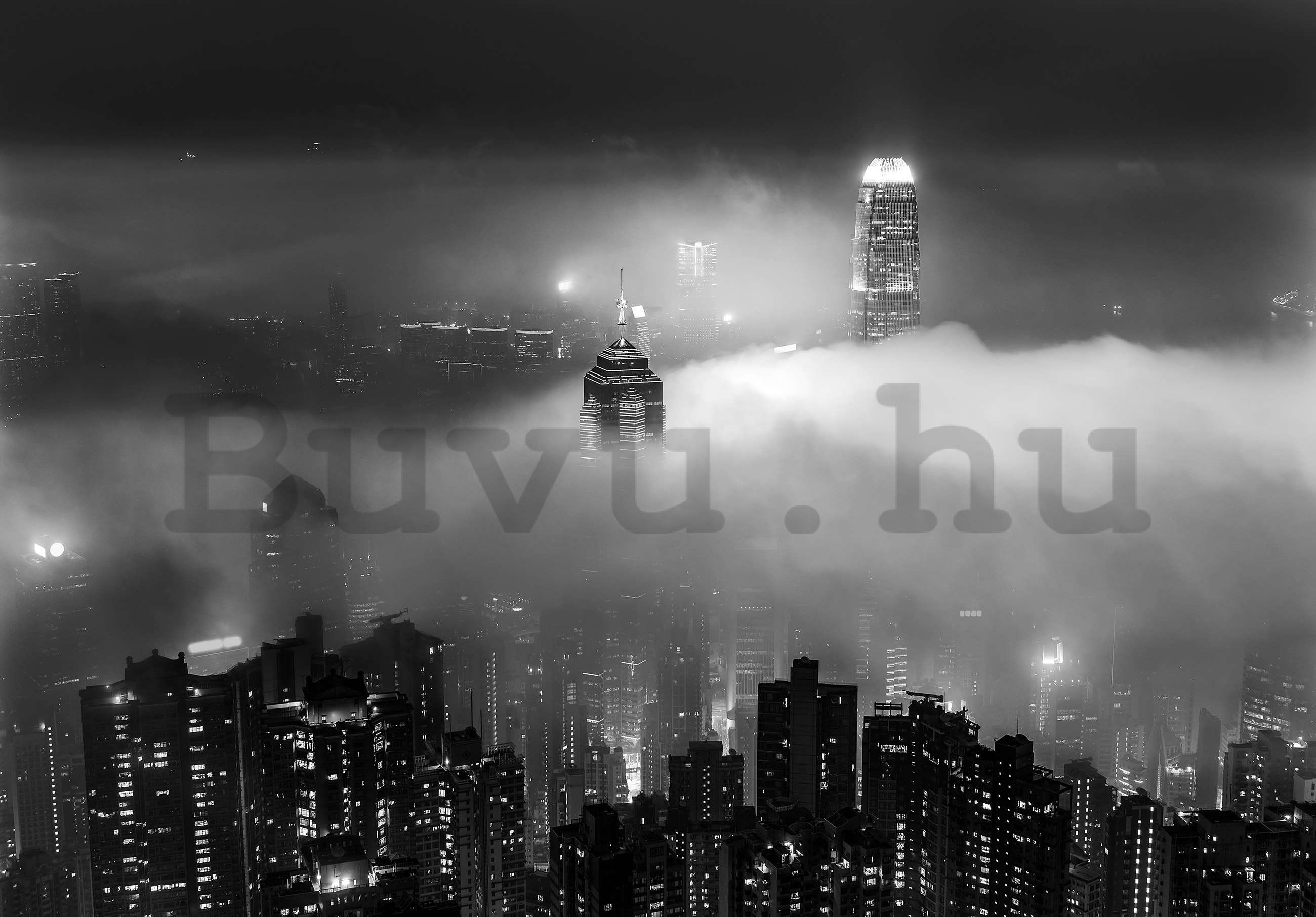 Vlies fotótapéta: Éjszakai város ködben (fekete-fehér) - 254x184 cm