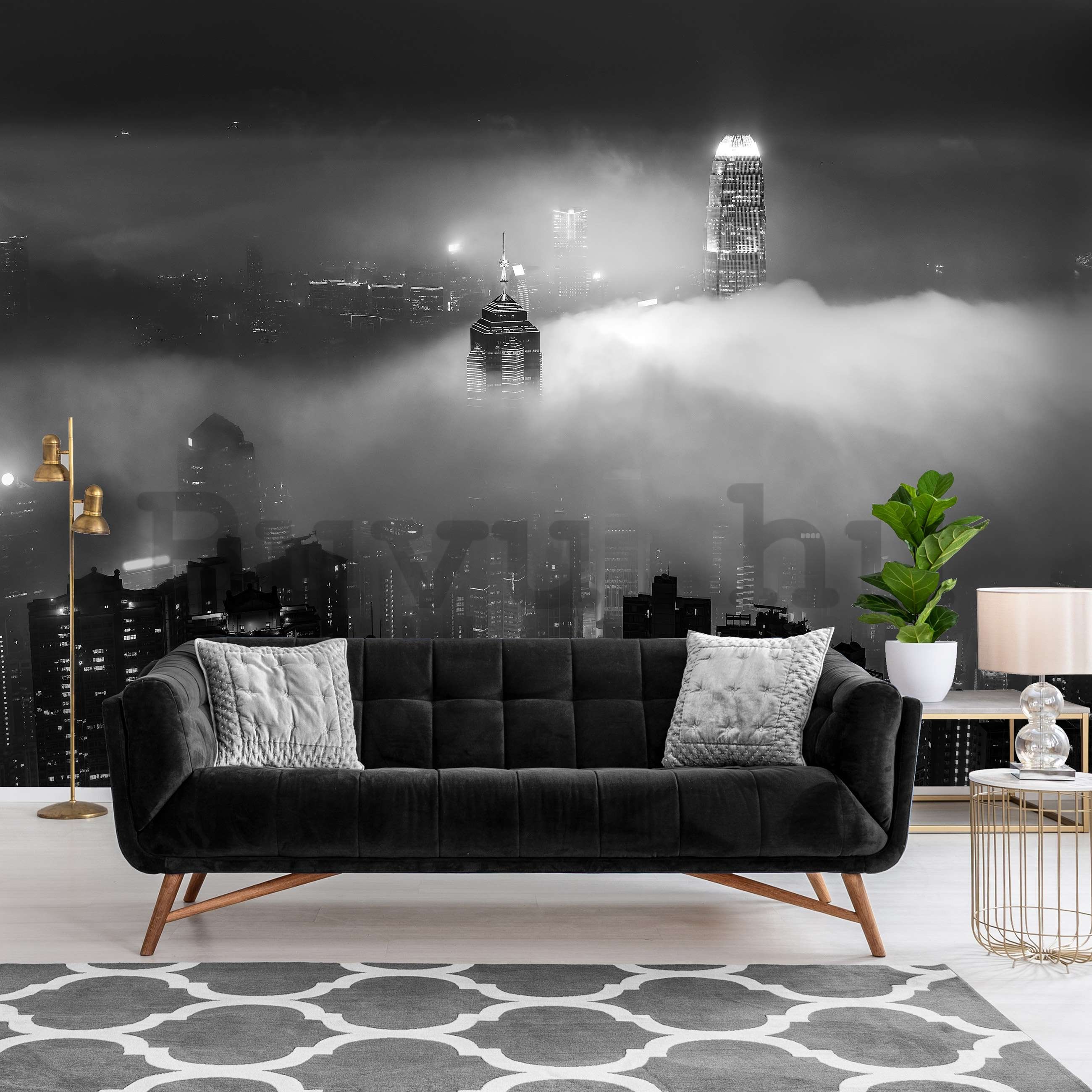 Vlies fotótapéta: Éjszakai város ködben (fekete-fehér) - 368x254 cm