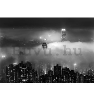 Vlies fotótapéta: Éjszakai város ködben (fekete-fehér) - 416x254 cm