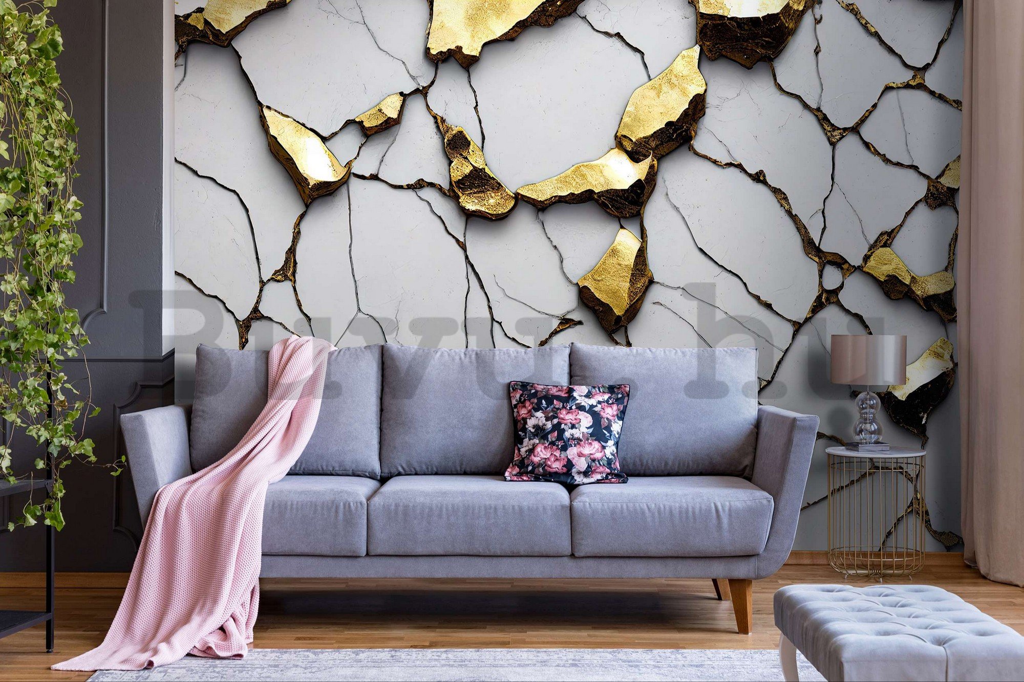 Vlies fotótapéta: Arany márvány csillogás utánzata fehér falakkal - 254x184 cm