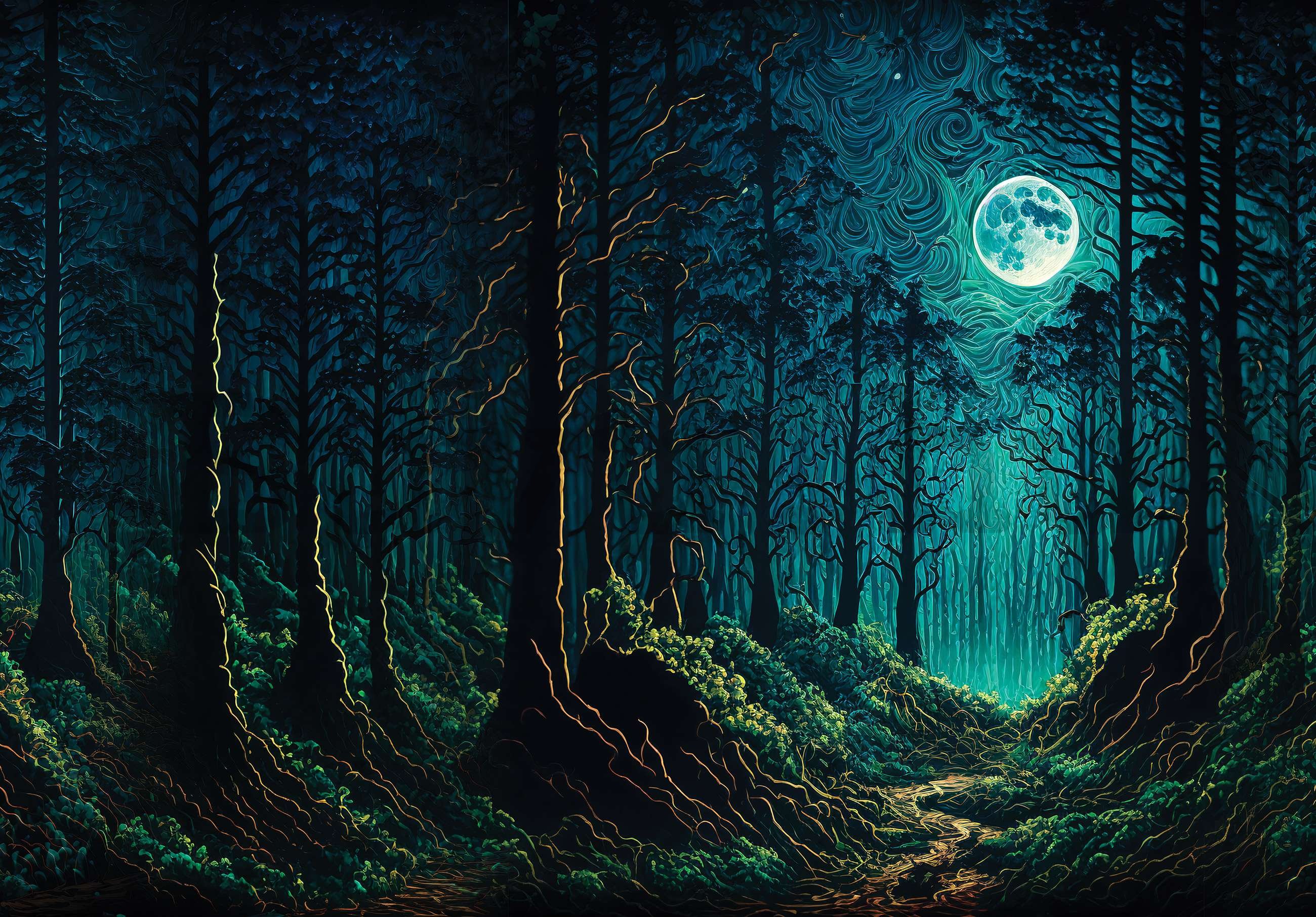 Vlies fotótapéta: Elvarázsolt erdő a holdfényben - 368x254 cm
