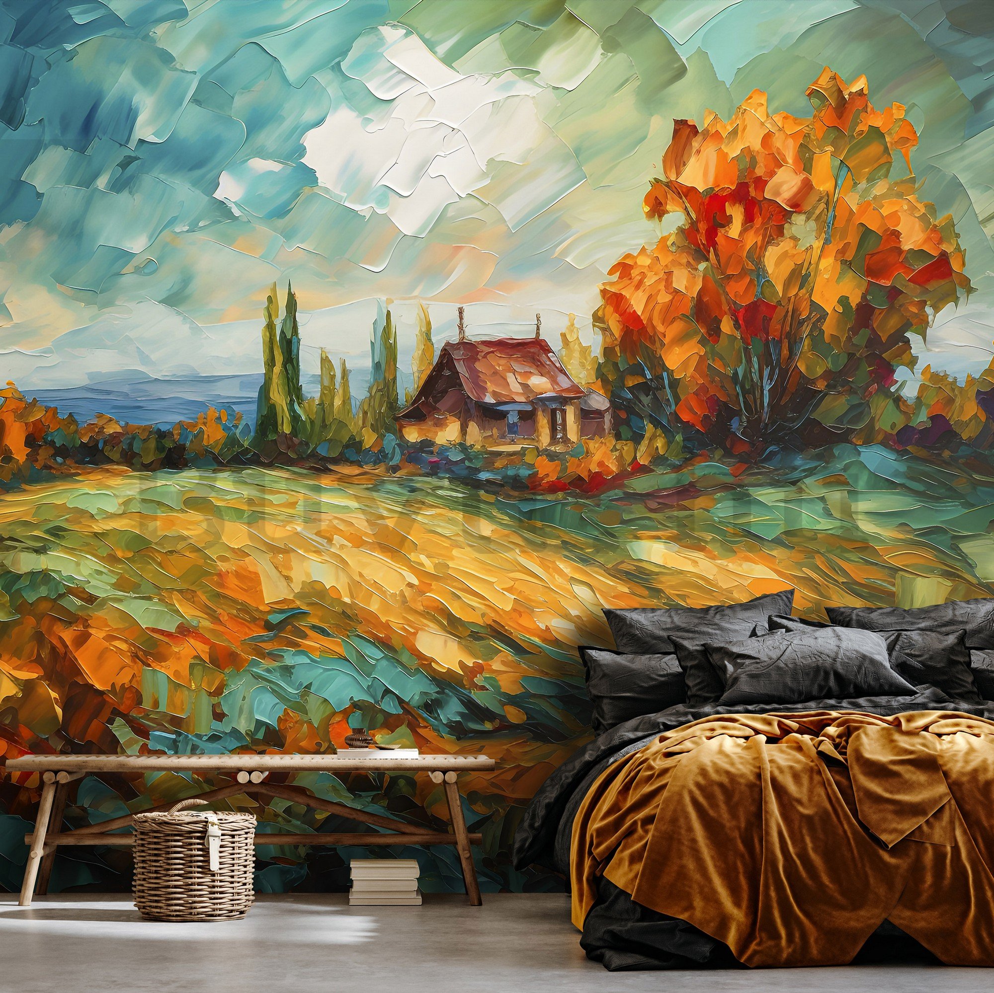 Vlies fotótapéta: Lanscape oil-colour painting nature - 254x184 cm