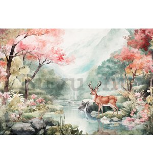 Vlies fotótapéta: Landscape Painted Forest Deer - 254x184 cm