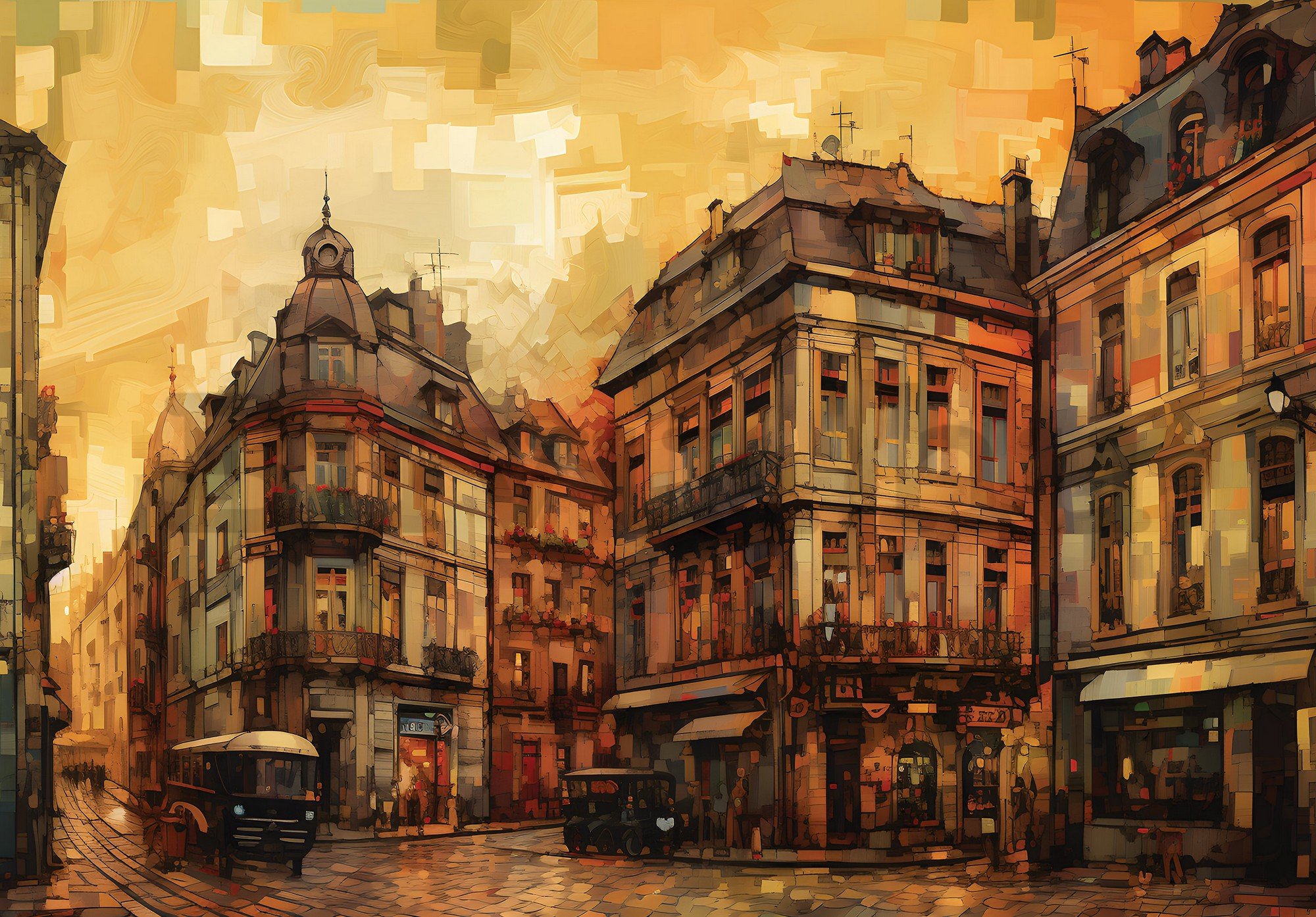 Vlies fotótapéta: City architecture oil-colours painting - 368x254 cm
